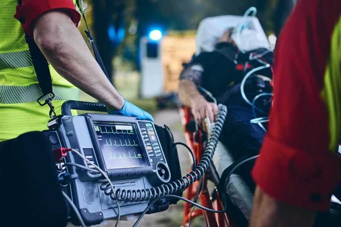 shutterstock_1516475090 Paramedic with defibrillator beside patient on stretcher