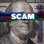 A Major Celebrity Trusted Him With Millions — Look Where It WENT Close-up of a U.S. hundred-dollar bill with glitch effect and the word scam