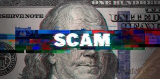 A Major Celebrity Trusted Him With Millions — Look Where It WENT Close-up of a U.S. hundred-dollar bill with glitch effect and the word scam