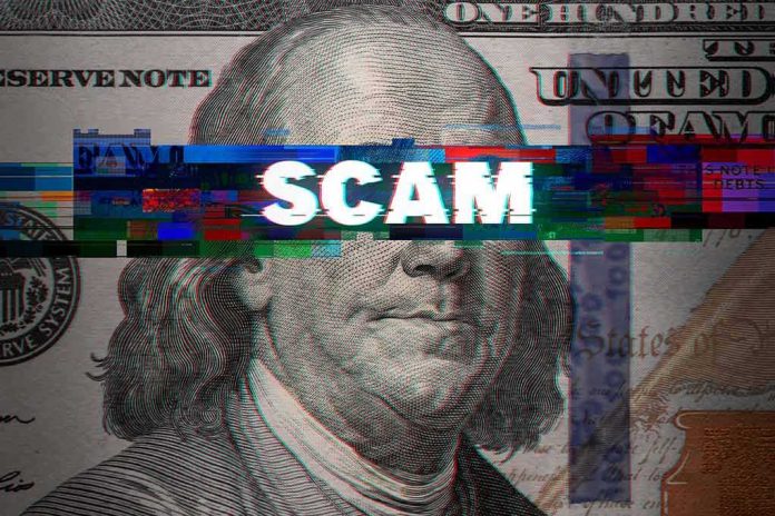 shutterstock_1919690516 Close-up of a U.S. hundred-dollar bill with glitch effect and the word scam