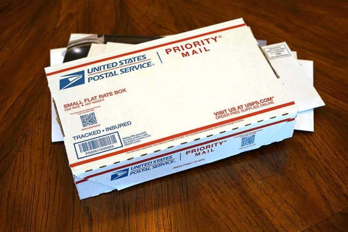 USPS Priority Mail small flat rate box on a wooden table
