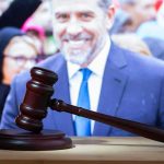Hunter’s LATEST Bid For ATTENTION judge's gavel on desk with blurred suited man in background