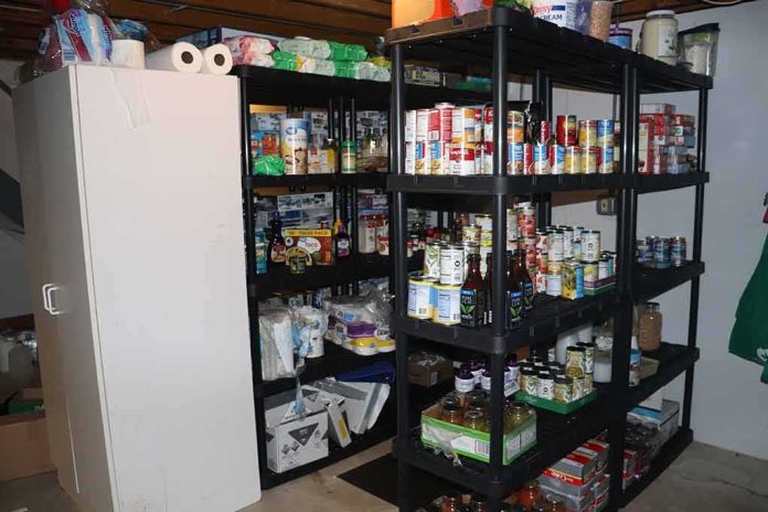shutterstock_1454002442 Basement pantry shelves stocked with canned goods and supplies