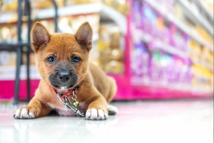 shutterstock_1469807459 Puppy lying on a store floor