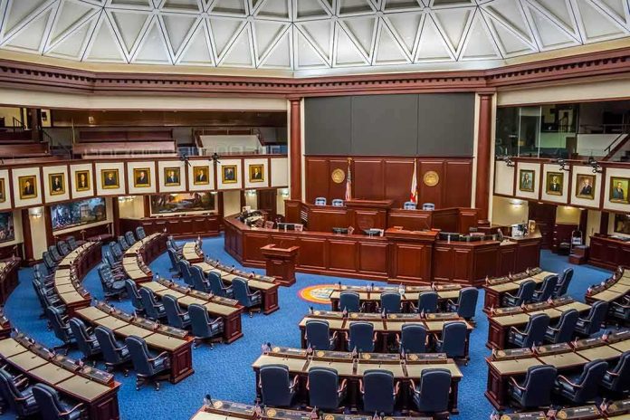 shutterstock_1573356037 Legislative chamber with semicircular desks and central podium