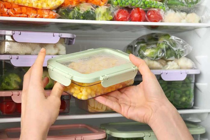 shutterstock_1577408635 Hands placing a food container in a freezer