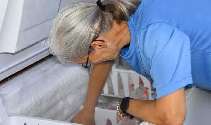 shutterstock_1776082196 Person searching inside a chest freezer