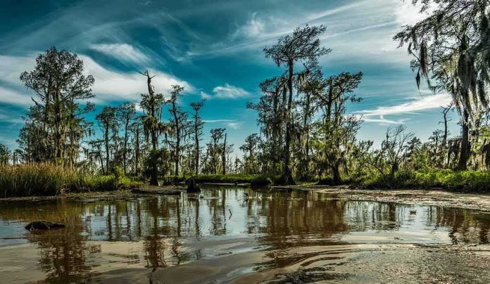 shutterstock_1795943056 Cypress trees in a swamp reflecting on calm water