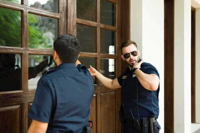 Two police officers check a wooden door with glass panels