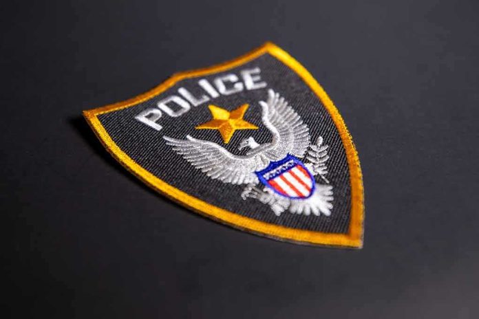shutterstock_2247323449 Police badge patch with eagle emblem on dark background