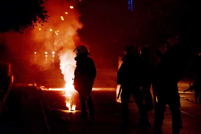 shutterstock_517676266 Riot police in silhouette amid smoke and fire at night